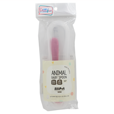 SiliPot 鉑金矽膠幼兒湯匙 附保存盒, 可愛動物造型, 柔軟材質, 一體成形設計, 長頸鹿 珊瑚粉, 1組