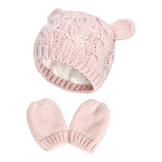 歐美風寶寶保暖帽手套組 柔軟 適合3-9個月寶寶, M(34~44cm), 粉色