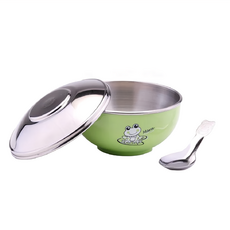 ZEBRA THAILAND 304 不銹鋼上蓋兒童隔熱碗, 顏色多種選擇, 可愛造型圖案, 雙層隔熱設計, 綠色, 附湯匙, 1組
