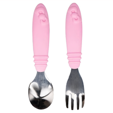 BUMKiNS 不鏽鋼湯叉組, 18個月以上適用, 100%矽膠手柄, 湯匙 + 叉子, Hello Kitty, 1組