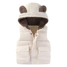 兒童款 秋冬羽絨熊耳朵背心外套, 聚酯纖維, 黑色/灰色/淺綠色/乳白色, 100碼