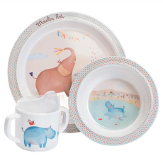Moulin Roty Papoum 寶寶安全杯盤組, 嬰兒餐具禮盒組, 盤子+碗+杯子, 1組, Multicolor Pattern