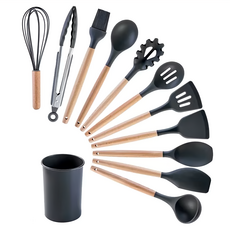 SUNORO 日式木柄矽膠廚具 廚房烹飪工具 12件組, 漏鏟 + 鍋鏟 + 刮刀 + 飯勺 + 平頭勺 + 漏勺 + 湯勺 + 撈面勺 + 油刷 + 打蛋器 + 食物夾 + 收納桶, 1組, 灰色