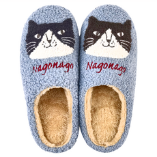 kUSUgURU JAPAN 日本眼鏡貓 保暖橡膠止滑鞋底室內拖鞋, 灰藍, M~L