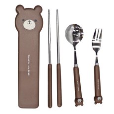 小熊 304不銹鋼三件餐具組, 筷子 + 叉子 + 湯匙 + 收納盒, 棕色 + 銀色, 1組