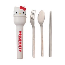 Sanrio 三麗鷗 Hello Kitty 凱蒂貓 隨行不鏽鋼餐具組, 湯匙 + 筷子 + 叉子 + 收納盒, 白色, 1組