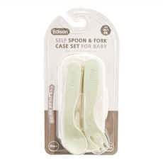 Edison 幼兒自主彎彎湯叉 防汙支架式 附收納盒 (9個月以上), 綠色, 幼兒彎曲湯匙 + 彎曲叉子 + 收納盒, 1組