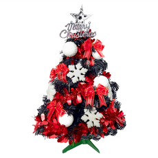 摩達客 耶誕 特仕幸福型裝飾黑色聖誕樹，白雪花球正紅系全套飾品，含50燈LED銅線燈串，USB電池盒兩用充電，2呎(60cm), 黑色 + 白色 + 紅色