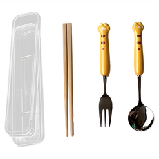 瑞典廚房 可愛動物餐具組/不鏽鋼環保餐具/便攜餐具, 1套, 小橘虎, 湯匙 + 筷子 + 叉子 + 收納盒