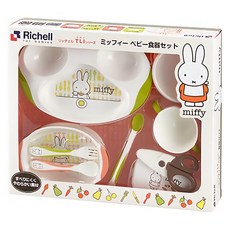 Richell 利其爾 豪華餐具禮盒 多件組 附收納盒, 分隔盤 + 餐盤 + 茶碗 + 餐具吸盤 + 水杯 + 湯匙 + 叉子 + 軟湯匙 + 嬰兒食品剪刀, Miffy米飛, 1組