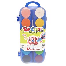 義大利 TOY COLOR 12色固態粉餅式水彩盒, 附贈畫筆，色彩鮮明，易於清洗, 1入