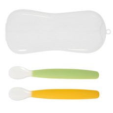 BUSYANGEL 矽膠餵食湯匙組, 附收納盒, 一盒2入, 100%矽膠, BPA FREE, 高溫消毒, 綠色 + 黃色, 1組