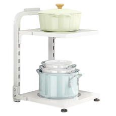 可調式二層烤漆置物架 下水槽櫃檯可掛式鍋具收納架 可免打孔安裝, 白色, 2層, 1個