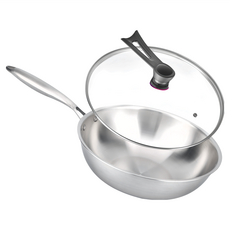 鼎匠 極緻304無塗層 純不鏽鋼炒鍋 附可立式玻璃蓋 食品級不鏽鋼材質 鉚釘式把手, 34cm, 1組