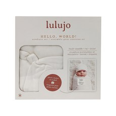 lulujo Hello World! 新生兒套裝 包括: 120cm x 120cm 70%竹粘膠纖維和30%棉紗布包巾 頂結帽 攝影貼紙