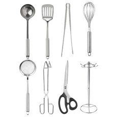 VILIVIN 不銹鋼料理用具8件組 湯勺 + 撈沫勺 + 鍋鏟 + 攪拌器 + 廚房剪刀 + 廚房料理夾 + 剪刀型料理夾 + 收納架 銀色, 1組