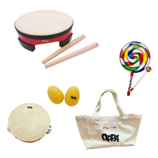 OPPA 奧福樂器 地鼓敲敲樂器4件組 地鼓 + 鈴鼓 + 蛋沙鈴 + 棒棒糖鼓 附收納袋, 1組, 紅色
