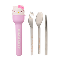 Sanrio 三麗鷗 Hello Kitty 凱蒂貓 隨行不鏽鋼餐具組, 湯匙 + 筷子 + 叉子 + 造型收納盒, 粉紫色, 1組
