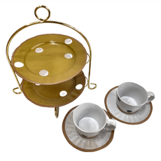 JUST HOME ..., 8.5吋盤21.7 x 2.5cm 2個 + 咖啡杯 12.5 x 9.5 x 7cm 220ml 2個 + 盤16 x 1.5cm 2個 + 盤架30 x 22.5 x 32cm, 黃色 + 白色, 1組