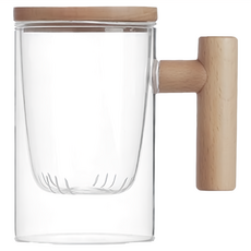 KOTI 日安生活 質感透明耐熱玻璃茶水分離泡茶杯 Set, 實木杯把, 370ml, 櫸木, 1組