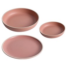 Homely Zakka 啞光磨砂陶瓷餐盤碗餐具3件組, 1組, 小圓平盤 + 小圓深盤 + 大圓平盤, 莫蘭迪粉