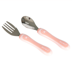 MUGU 沐咕寶貝 304不鏽鋼幼兒湯叉組, 握把墊高設計, 食品級安全材質, 人體工學設計, 適用於洗碗機, 湯匙 + 叉子, 櫻花粉, 1組