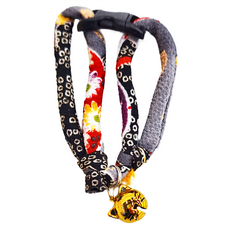 Necoichi 貓壹 安全項圈 縐綢金貓鈴, 灰黑, 項圈伸縮15~27cm, 1個