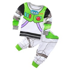 愛北鼻 兒童薄長袖套裝 巴斯光年造型 輕薄透氣舒適睡衣, 90碼, 白綠