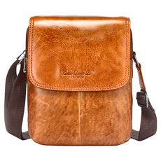 Xiao Duo Li 頭層牛皮雙層男士豎款肩背包 單肩/斜挎包, 18 x 22 x 6cm, 黃棕色