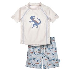 Playshoes 抗uv防曬短袖兩件組兒童泳裝配海灘褲-恐龍 1入 淺米色 110/116