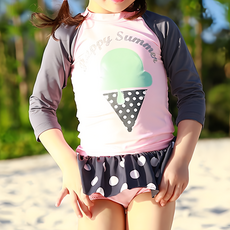 愛北鼻之家 女童長袖防曬泳衣套裝 中大童, 多種花色可選, XL, 夏日冰淇淋