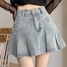 女款 復古A字百褶牛仔短裙