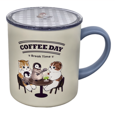 貓福珊迪 mofusand COFFEE DAY 不鏽鋼馬克杯附蓋 400ml, COFFEE DAY 藍色 + 白色, 1個