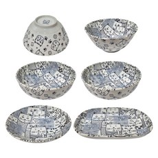 JUST HOME 日本製陶瓷6件餐具組, 貓咪家族, 2個多用碗 + 長方盤 + 煮物缽 + 2個湯盤, 1組