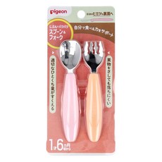 pigeon 貝親 寶寶不鏽鋼餐具組 湯匙*1+叉子*1, 粉色+橘色, 1組