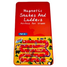 YouRPUZZLE 鐵盒桌遊-蛇梯棋G2487, 磁性便攜，親子互動學習卡牌遊戲, 紅色, 1入
