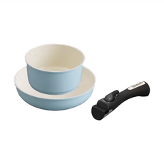 IRIS OHYAMA 愛麗思歐雅瑪 馬卡龍陶瓷塗層IH不沾鍋具3件組, 平底鍋26cm + 湯鍋18cm + 可拆式把手, CC-SE3N 藍色, 1組