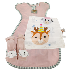 Korideer可莉鹿 嬰兒禮盒組-彈力棉質嬰兒蝴蝶型包巾+襪襪+紗布包巾, 粉色, 1盒