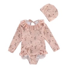 愛北鼻 INS女童長袖圓領連體泳衣套裝 泳衣+泳帽, 140(130~140cm), 粉碎花