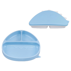 monee 100%白金矽膠 恐龍造型可吸式餐盤 附餐盒, 天空藍, 1組
