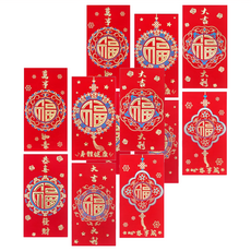 摩達客 春節開運招財紅包袋套組 (6款各2個) 大福字紅金閃粉 萬事如意 恭喜發財, 1組