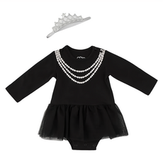 La Chamade 日安朵朵 女嬰 雪紡蓬蓬裙長袖連身衣 台灣製, 12~18個月, 黑色