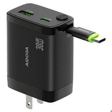 AIDOGA 智連系列 雙孔 GaN 氮化鎵充電器 30W快充 伸縮收納 Type-C線, 黑色, 1個