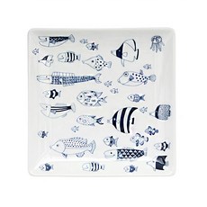 naturaL69 和紙正角平皿 日本製, 魚群 白色 + 藍色, 1入