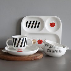 DOHO D-BONA 蘋果兒童餐具組, 蘋果, 分格餐盤+圓餐盤+飯碗+湯碗+杯子, 5件