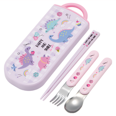 Skater TACC2AG 抗菌兒童餐具組 三件組, 湯匙+叉子+筷子, 粉恐龍, 1組