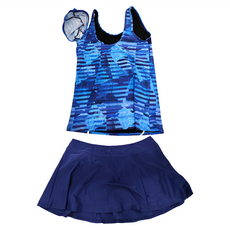 Summer love 夏之戀 長版二件式泳衣 長版上衣 + 褲連裙 + 泳帽 附活動式罩杯, 藍色