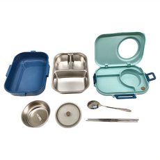 WORTHBUY 沃德百惠 304不鏽鋼3格雙層保溫套裝 900ml便當盒 200ml湯碗, 北歐藍, 1組