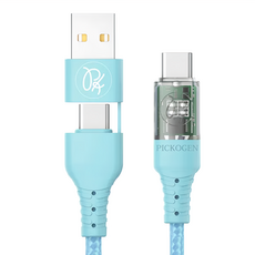 PICKOGEN 皮克全 二合一 雙Type-C USB-A PD充電線 智能斷電 閃速 1.2m 藍色, 1條