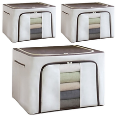 牛津布 衣物棉被鋼架收納箱, 600D材質, 內部鋼架支撐, 厚實耐用, 多功能收納, 大容量設計, 可水洗, 59.5x41.5x39.5cm, 米色, 3個